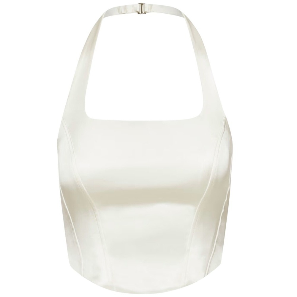 Aritzia Wilfred New Dusk Satin Bustier Halter Top Light Birch Small White